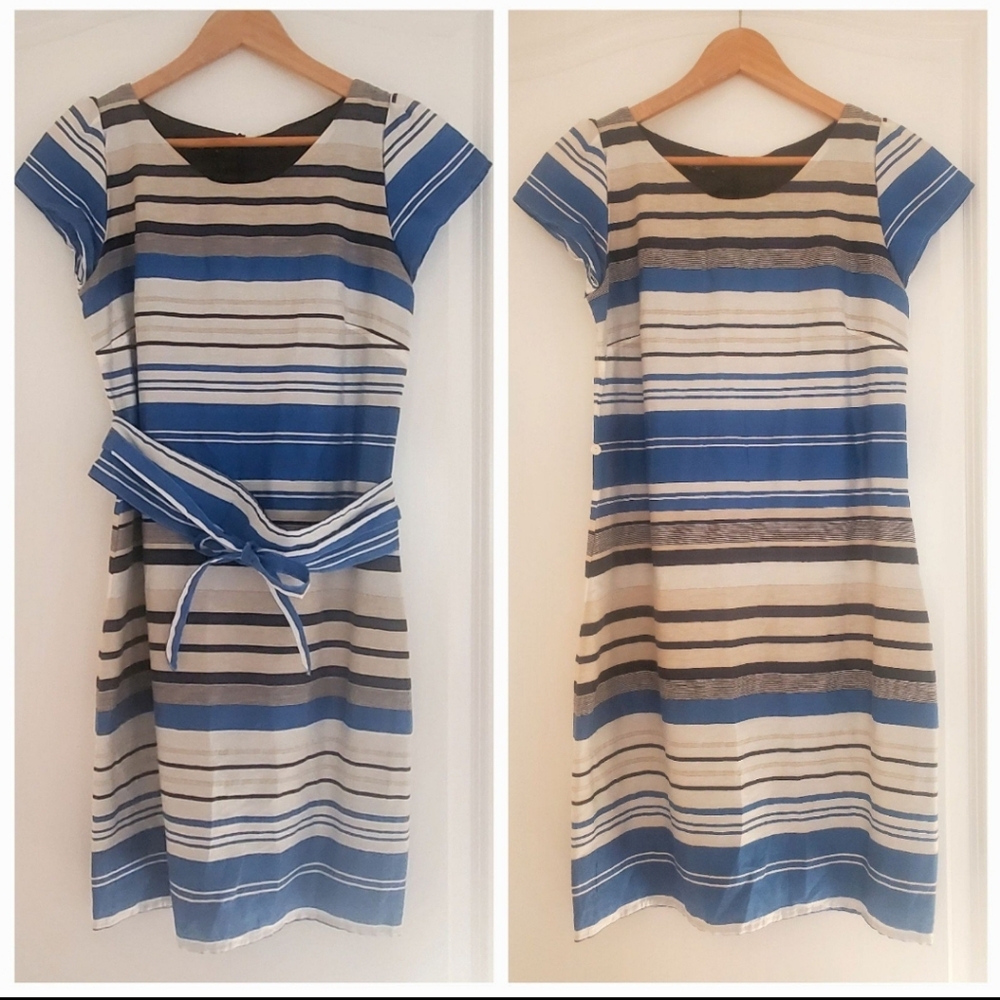 YOUR FACE linen blend stripe beige blue white black lined dress w belt size 6